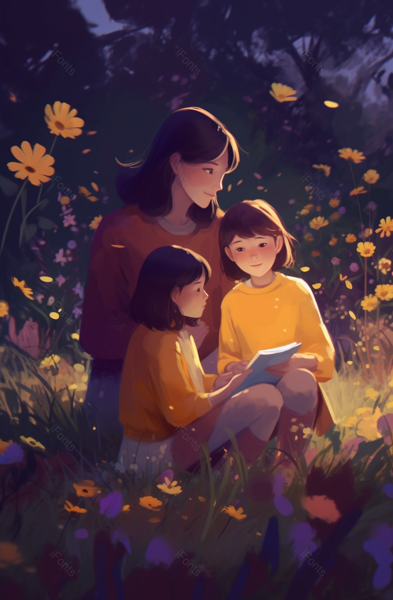 温馨夜晚花丛里的读书分享手绘油画背景,插画/手绘图,插画/手绘图库,插画/手绘图下载,插画/手绘